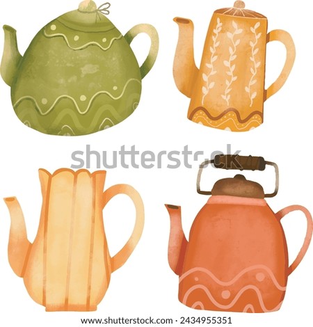 Vector hand drawn set of vintage tea pots clip art collection	
