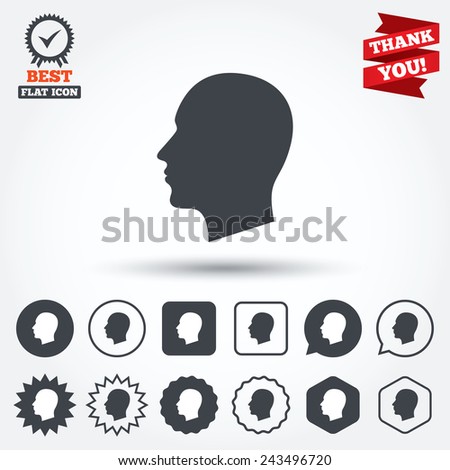 Head sign icon. Male human head symbol. Circle, star, speech bubble and square buttons. Award medal with check mark. Thank you ribbon. Vector