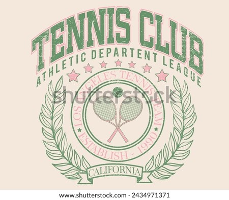 Tennis club vector t-shirt design. Racket tournament. Tennis college league. Vintage artwork for sportswear. Sport logo. College font. Los Angeles tennis league graphic print design.