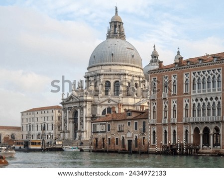 The Basilica of Saint Mary of Health (Basilica di Santa Maria della Salute) photographed from the Santa Maria del Giglio gondola station - Venice, Veneto, Italy