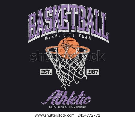 Basketball college league. Vintage artwork for sportswear. Sport logo. College font. Basketball club vector t-shirt design. New York basketball league graphic print design. Champion tournament.