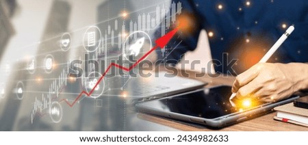 Successful career takeoff. Profitable investment, business concept. Businessman using tablet analyzing sales data and economic growth graph chart. Business strategy. Abstract icon. Digital marketing.