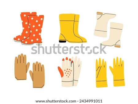 Set of gardening items in hand drawn cartoon style. Various rubber boots and garden gloves. Vector clip art illustration.