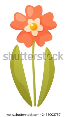 One beautiful red and pink flower on a stem with green leaves on a white background. Summer and spring flowering. Vector illustration. Flower clip art for design of posters, cards, logo, label, print.