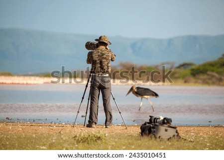 A wildlife photographer, gear in hand, captures the beauty of flamingos by a water body in a serene natural setting