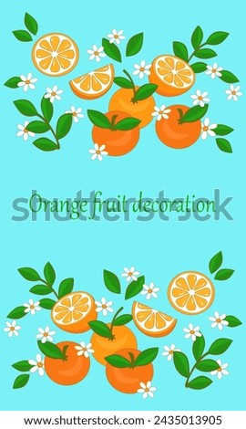 Orange slices and whole fruit decorative composition, border, summer fruits clip art, vector illustration, decorative design element, copy space for advertising text or design.