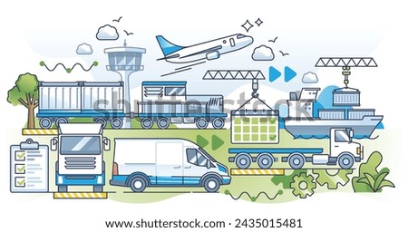 Transportation modes in supply chain with delivery types outline concept. Multiple shipping options choosing airplane, ship, truck or van for logistic services vector illustration. Combined delivery. Royalty-Free Stock Photo #2435015481