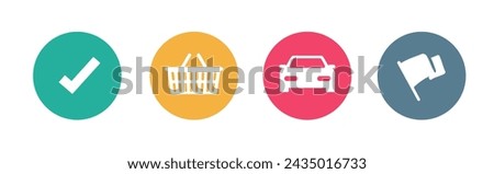 Check mark tick icon, car auto circle symbol shape silhouette simple pictogram minimal design, finish or start race waving flag, shopping grocery basket image clipart red green yellow blue image