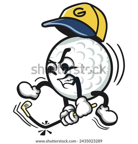character illustration of an angry cartoon icon of a golf ball hitting a golf stick