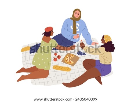 Happy girlfriends on a picnic. Women relaxing outdoors and eating pizza. Vector flat illustration.