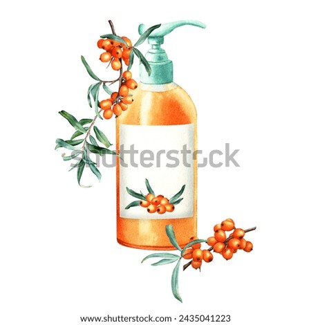 Composition with sea buckthorn and dish or hand soap dispenser with label for kitchen or bathroom. Hand drawn watercolor illustration isolated on white background. For clip art label package