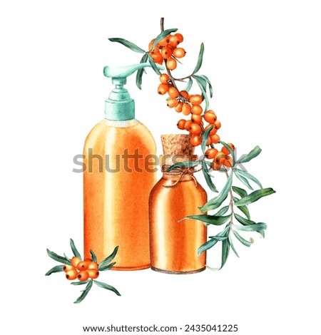 Composition with sea buckthorn, glass oil bottle and dish or hand soap dispenser for kitchen or bathroom. Hand drawn watercolor illustration isolated on white background. For clip art label package