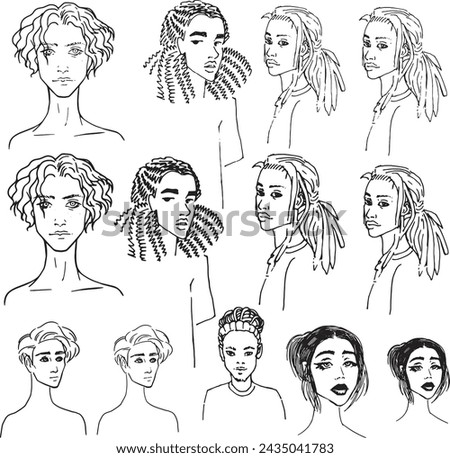 Set Faces Different Nationalities Afro, Europeans young people guys and girls Linear hand drawing Minimalistic Fashion Illustration Clip Art for Design. Afro hairstyle, curtains haircut man, long hair