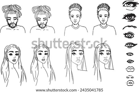 Set Faces Different Nationalities Afro, Europeans young people guy and girl Linear hand drawing Minimalistic Fashion Illustration Clip Art for Design Afro hairstyle long hair. Eyes, lips comic pop art