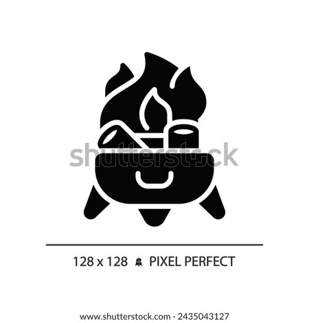 2D pixel perfect glyph style campfire icon, isolated vector, hiking gear silhouette illustration.