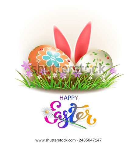 Isolated design element. Easter eggs with bunny ears on green grass.