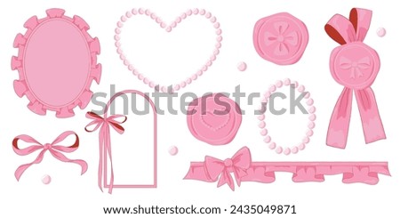 Vector Illustration of pink girly vintage bow and frame ribbon beads and wax seal stamp set. Ribbons isolated. Trendy coquette girls accessories. 