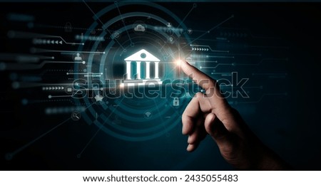 Hand touching central bank icon and foreign currency concept. Exchange Dollars, Yuan, Yen, Pound Sterling and Euros for money transfers and remittances. Foreign currency, World Bank