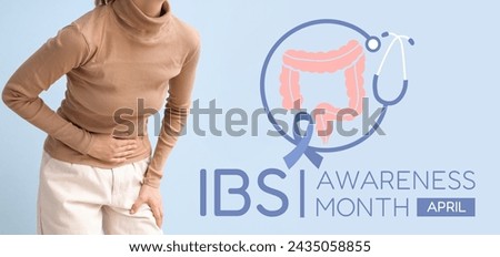 Awareness banner for Irritable Bowel Syndrome Month with ill woman Royalty-Free Stock Photo #2435058855