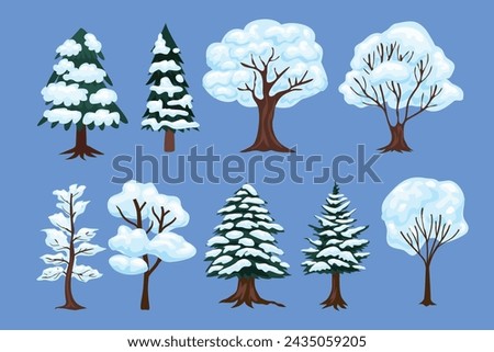 Set of various snowy tree set collection, fir tree in snow cartoon, Spruce covered with snow decoration, Isolated on blue background vector design elements. Hand drawn illustration.