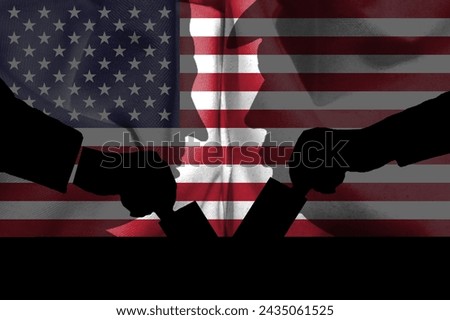 Composition of American flag and election voting silhouette. Describe the 2024 U.S. election landscape and results. Basemap and background concept. Double exposure hologram. Royalty-Free Stock Photo #2435061525