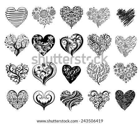 Set of 20 tattoo hearts, vector image.