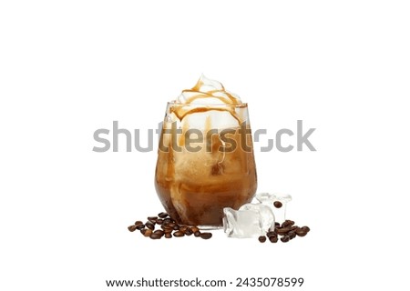 PNG, Glass with coffee with cream, ice cubes and coffee beans, isolated on white background, top view