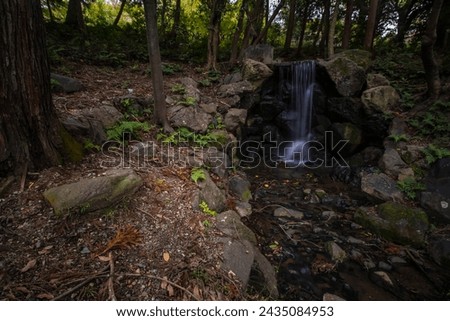 Long exposure photography of Beautiful small waterfall rocky river stream in Yasaka Shrine, Kyoto, Japan with trees in autumn.