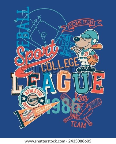 Cute athletic department college baseball kids league vintage vector print for children wear 