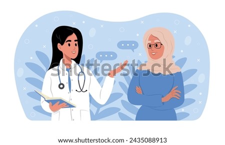 A family doctor is talking to an elderly woman in a hijab. Elderly awareness of Alzheimer's disease, cardiovascular disease, cancer, osteoporosis, arthritis, Parkinson's disease, diabetes. Royalty-Free Stock Photo #2435088913