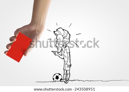 Caricature of football player and human hand showing red card