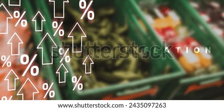 Graph of arrows and percent icon rising up over supermarket photo to illustrate the inflation financial crisis in food and groceries.