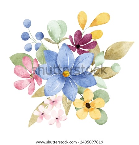 Blue flowers watercolor, floral clip art. Bouquet perfectly for printing design on invitations, cards, wall art and other. Isolated on white background. Hand painting.