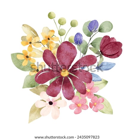 Flowers watercolor, floral clip art. Bouquet perfectly for printing design on invitations, cards, wall art and other. Isolated on white background. Hand painting.