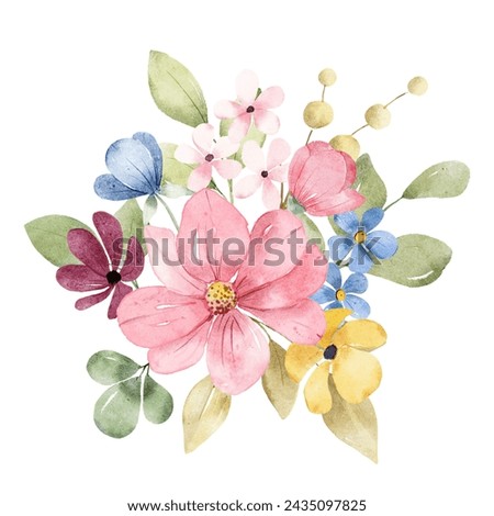 Pink flowers watercolor, floral clip art. Bouquet perfectly for printing design on invitations, cards, wall art and other. Isolated on white background. Hand painting.
