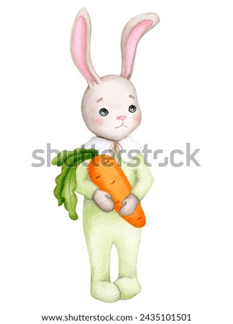 Cute baby bunny with carrot. Children's illustration. Hand drawn watercolor. Baby shower, birthday, children's party. Design element for print, invitations, posters, greeting cards, logos, etc.