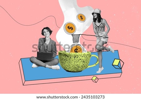 Photo cartoon comics sketch collage picture of excited ladies earning money together isolated pink color background