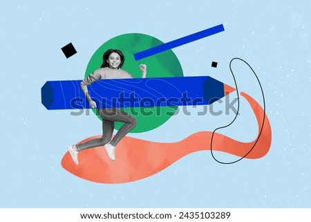 Magazine picture sketch collage image of excited funky girl running drawing big pencil isolated blue color background