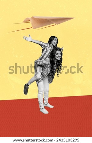 Composite collage image of mom piggyback daughter spread hands plane play together paper plane flying weird freak bizarre unusual