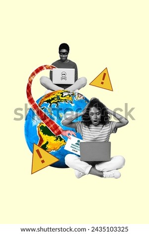Creative drawing collage picture of bug danger planet earth warning sign hacking attack antivirus scared girl billboard comics zine minimal