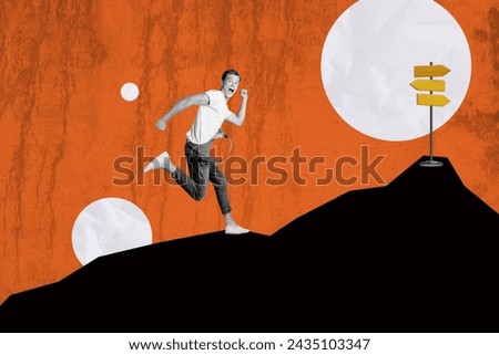 Composite photo collage of young scared guy run look back mountain pointer arrow turn choice isolated on painted background