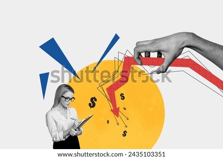 Composite photo collage of young inexperienced businesswoman write data dollar rate arrow down loss hand isolated on painted background Royalty-Free Stock Photo #2435103351