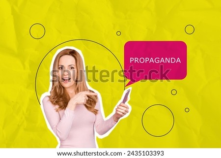 Composite photo collage of young surprised girl hold iphone text box propaganda advertising popularization isolated on painted background
