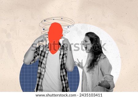 Composite photo collage of young man without head caricature close ears silence girl scream quarrel divorce isolated on painted background Royalty-Free Stock Photo #2435103411