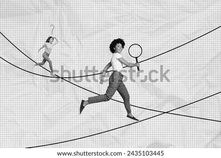 Photo collage picture two young girl run find solution explore magnifying glass eyesight look examine explore checkered background