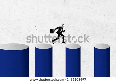 Creative photo collage picture young businessman guy run escape frustrated reach target aim leadership employee achieve success