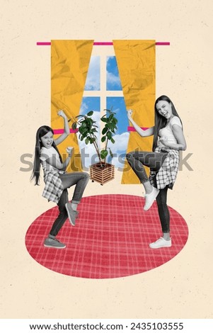 Creative artwork collage of funny crazy mother and daughter raised fists up girls decorated house natural green flower pot on windowsill