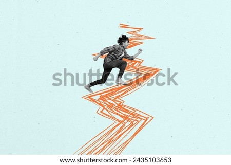 Creative collage picture young man runner persistence drawing path achieve goal dream crazy shout scream energetic inspiration