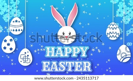 easter greetings illustration in blue texture with bunny and decorated easter eggs.