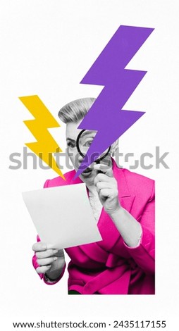Poster. Contemporary art collage. Woman reading shocking news with magnifying glass, with abstract yellow and purple lightning shapes overlaid. Concept of art, information, social media, culture.